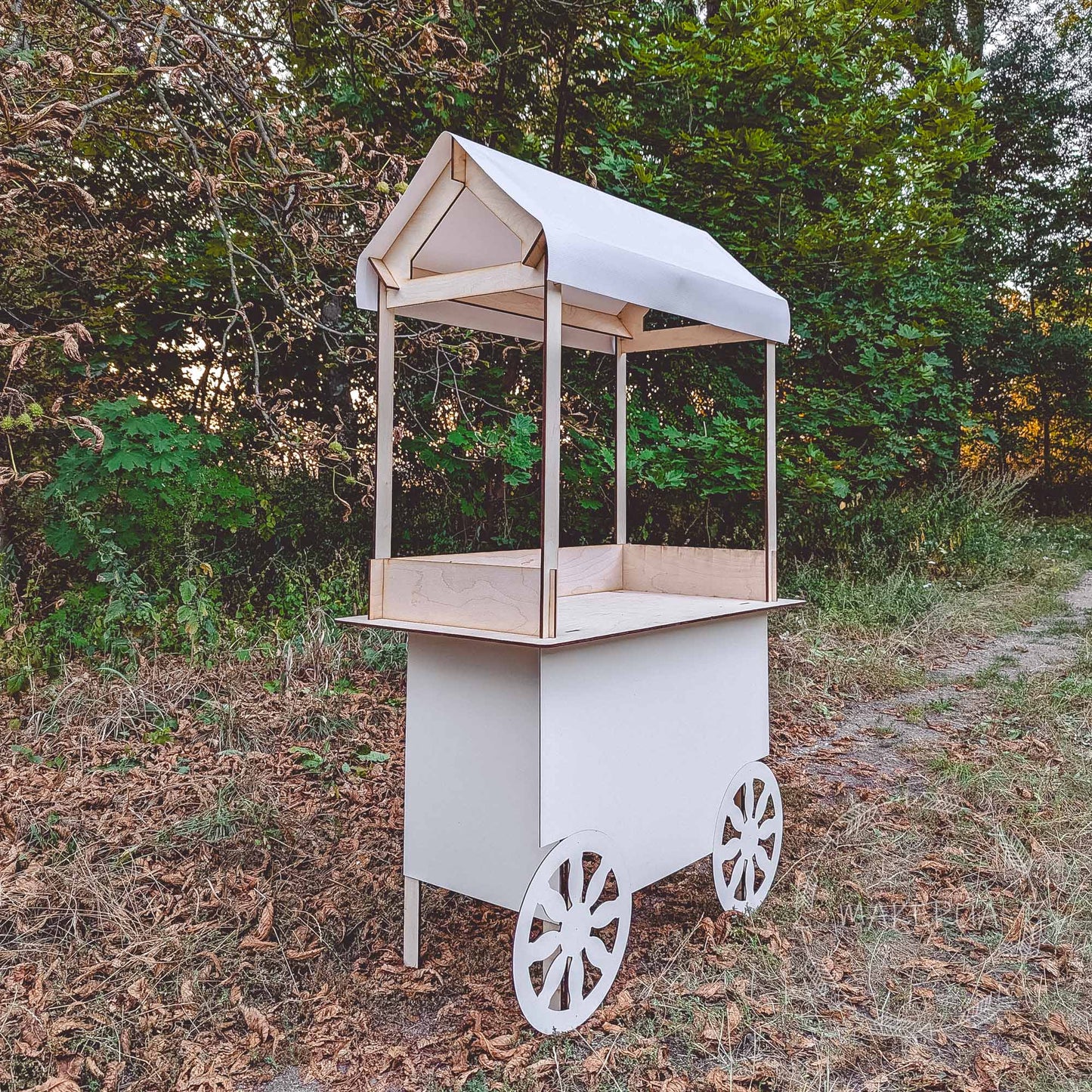 White Wooden Cart stand display wedding birthday product display stand food catering event festival christmas market wheels bar party decor - MakerUA