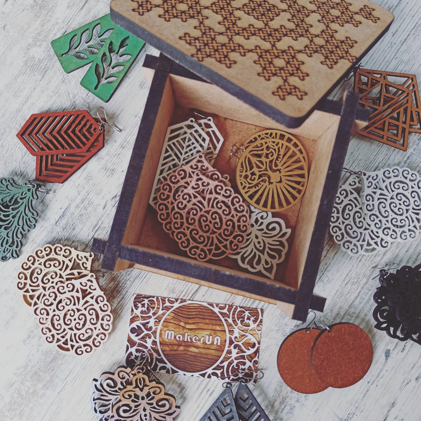 Box with laser engraving embroidery cross stitch style wood wooden mdf decor square round rustic eco decorations - MakerUA