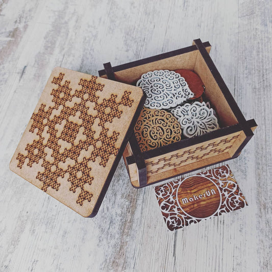 Box with laser engraving embroidery cross stitch style wood wooden mdf decor square round rustic eco decorations - MakerUA