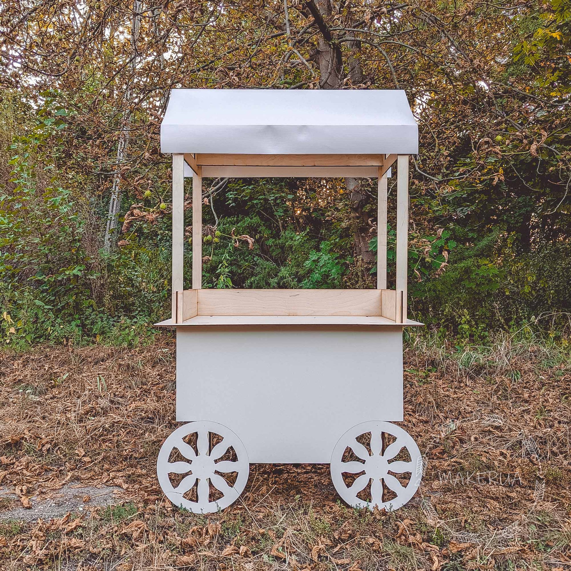 White Wooden Cart stand display wedding birthday product display stand food catering event festival christmas market wheels bar party decor - MakerUA