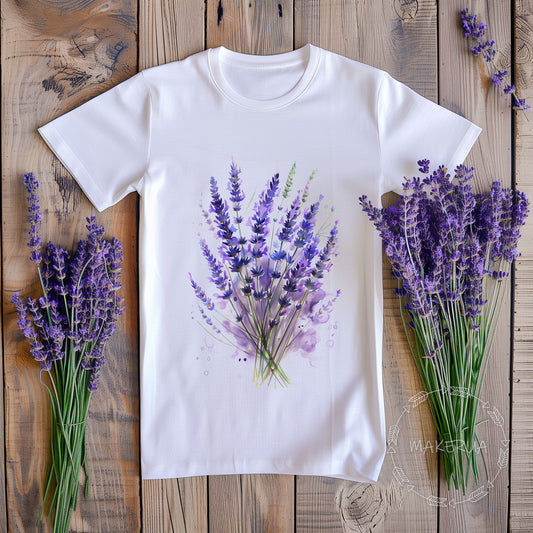 White t-shirt with lavender bouquet flowers field floral nature garden farm wildflowers print - MakerUA