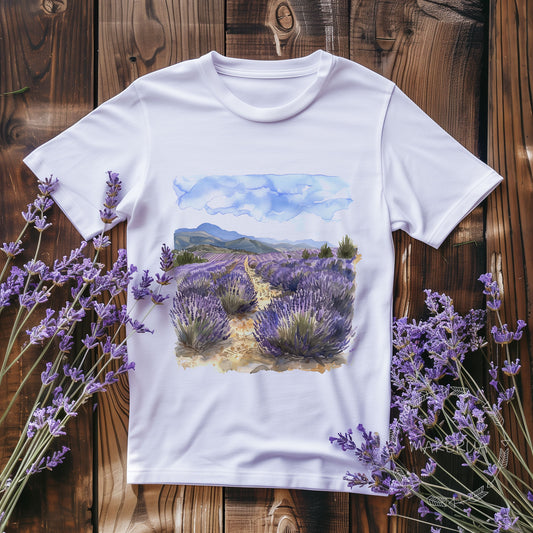 White t-shirt with lavender landscape flowers field floral nature garden farm wildflowers print - MakerUA