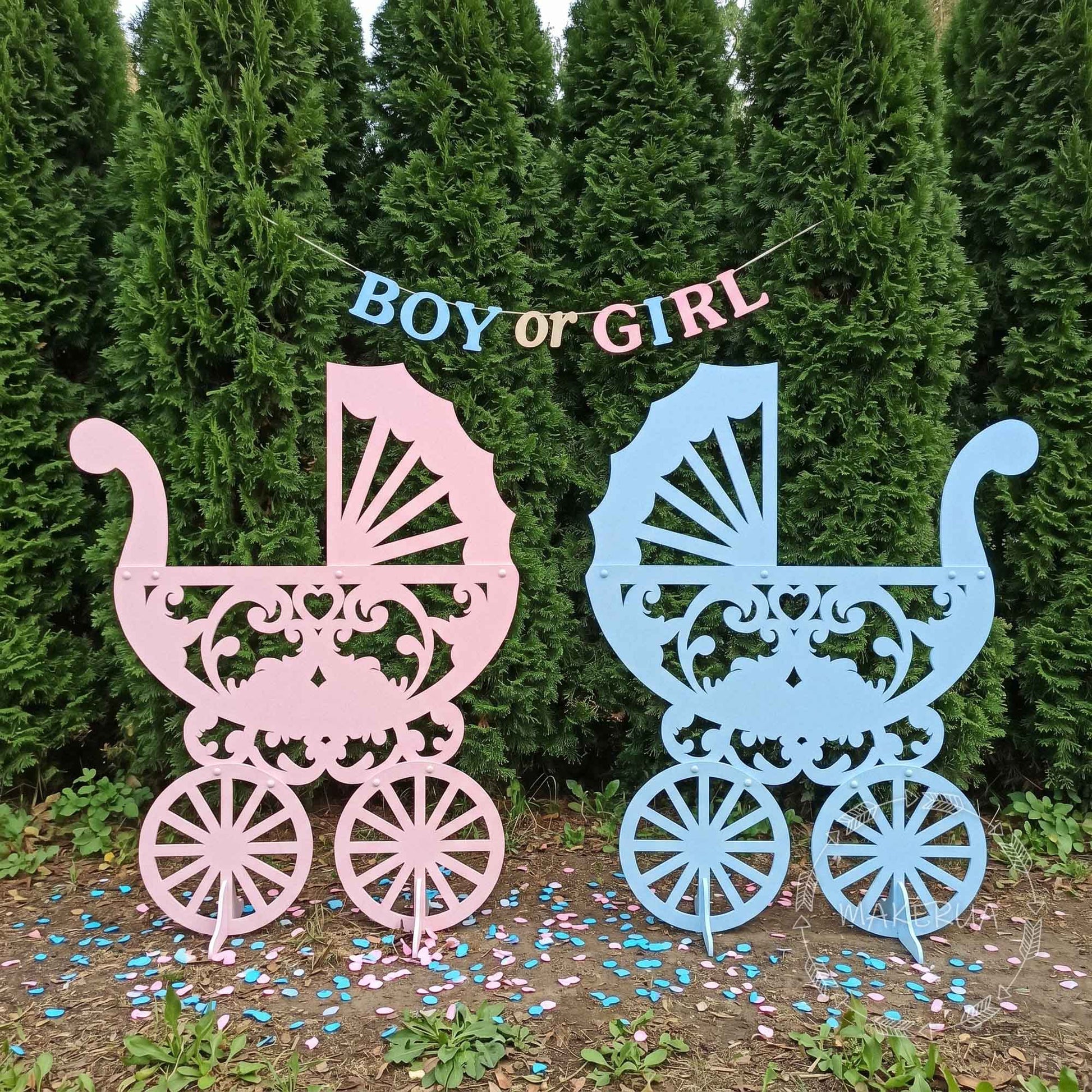 Boy or Girl Party Decoration Carriage Coach Stroller Decor for Baby Shower Gender Reveal Newborn Nursery Pink Blue Balloon Box Princess Room - MakerUA
