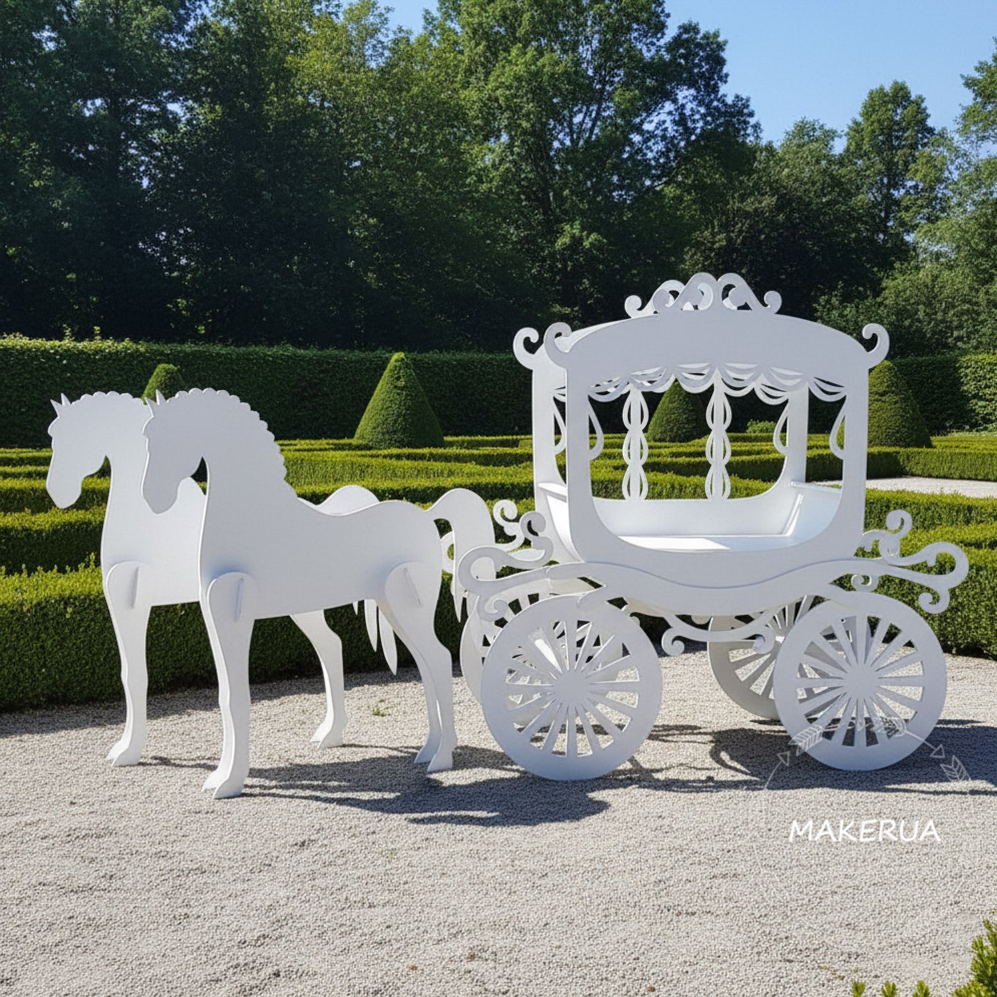 White horse and carriage set against a green garden backdrop