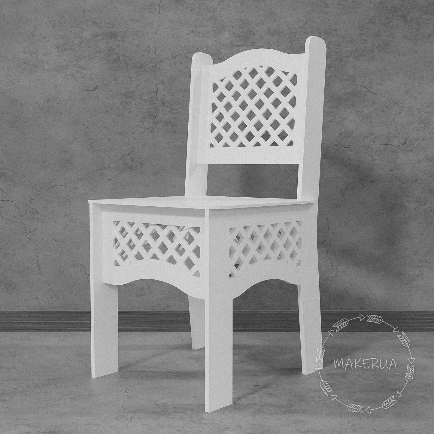 White wooden event chair with a classic lattice pattern backrest and front panel. Displayed against a soft pink sheer curtain with fairy lights. Elegant photo prop for sweet 16, baby showers, and classic parties.