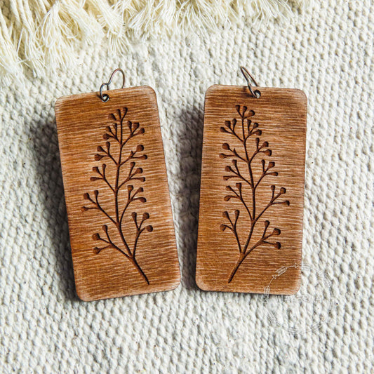 Wooden Earrings nature plant garden handcrafted summer lightweight shape engraved plywood wood boho style burned jewelry - MakerUA