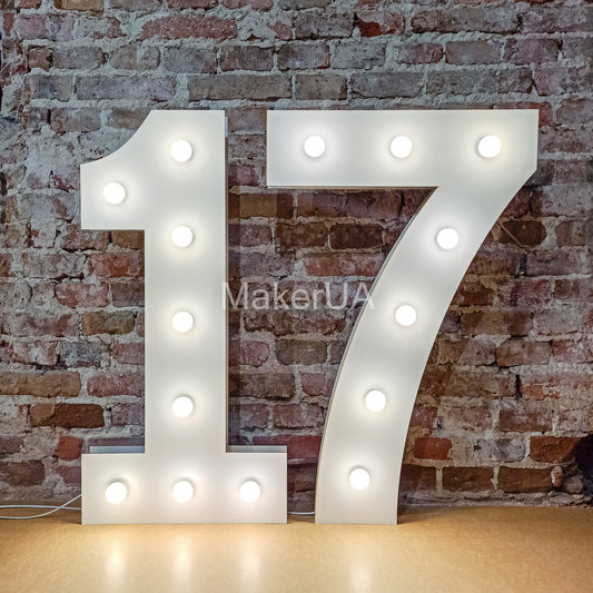 Number 17 Seventeen birthday 1m (3.3ft) + LED Light Bulbs marquee numbers neon sign backdrop white decoration large giant big party props decor NHW17 - MakerUA