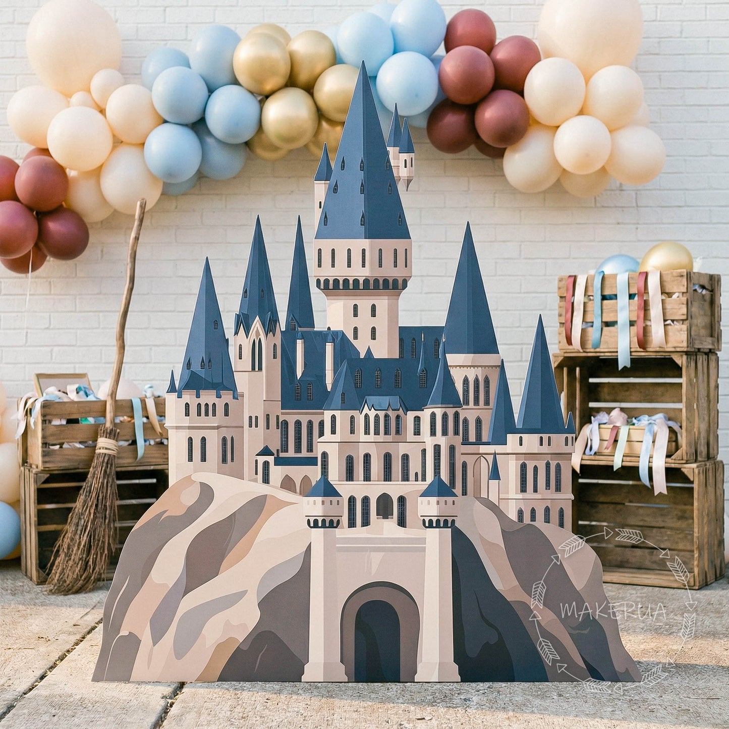Wizard School Castle Backdrop Large Magic Academy PVC Photo Standee Life Size Party Decor Boy on Broom Inspired Banner Royal Fantasy Cutout - MakerUA
