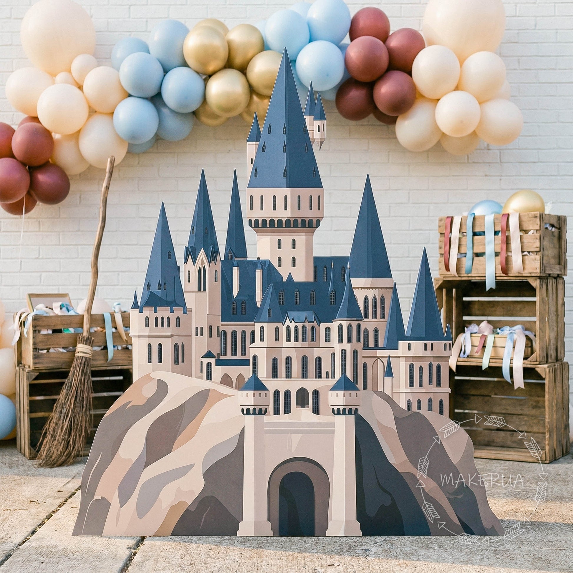 Wizard School Castle Backdrop Large Magic Academy PVC Photo Standee Life Size Party Decor Boy on Broom Inspired Banner Royal Fantasy Cutout - MakerUA
