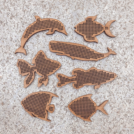 Set of 7 Cross Stitch Blank fish whale dolphin embroidery decorations pendant wooden shapes for DIY jewelry cute gift wood bead hobby thread home decor ornaments needlecraft style - MakerUA