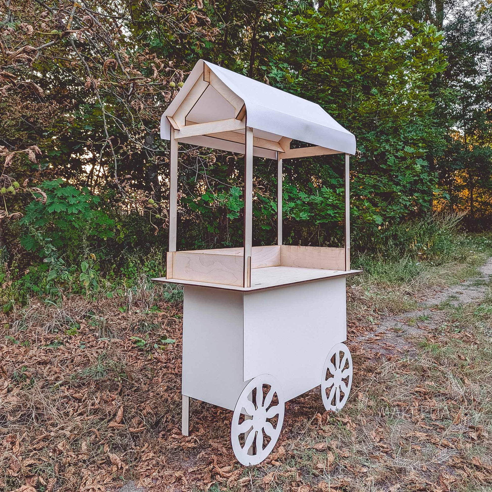 White Wooden Cart stand display wedding birthday product display stand food catering event festival christmas market wheels bar party decor - MakerUA