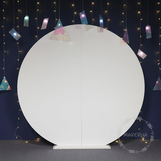 Large white circular backdrop with a premium high-gloss acrylic finish. Split design for easy transport. Elegant blank canvas photo wall for wedding ceremonies, balloon garlands, and luxury event styling.