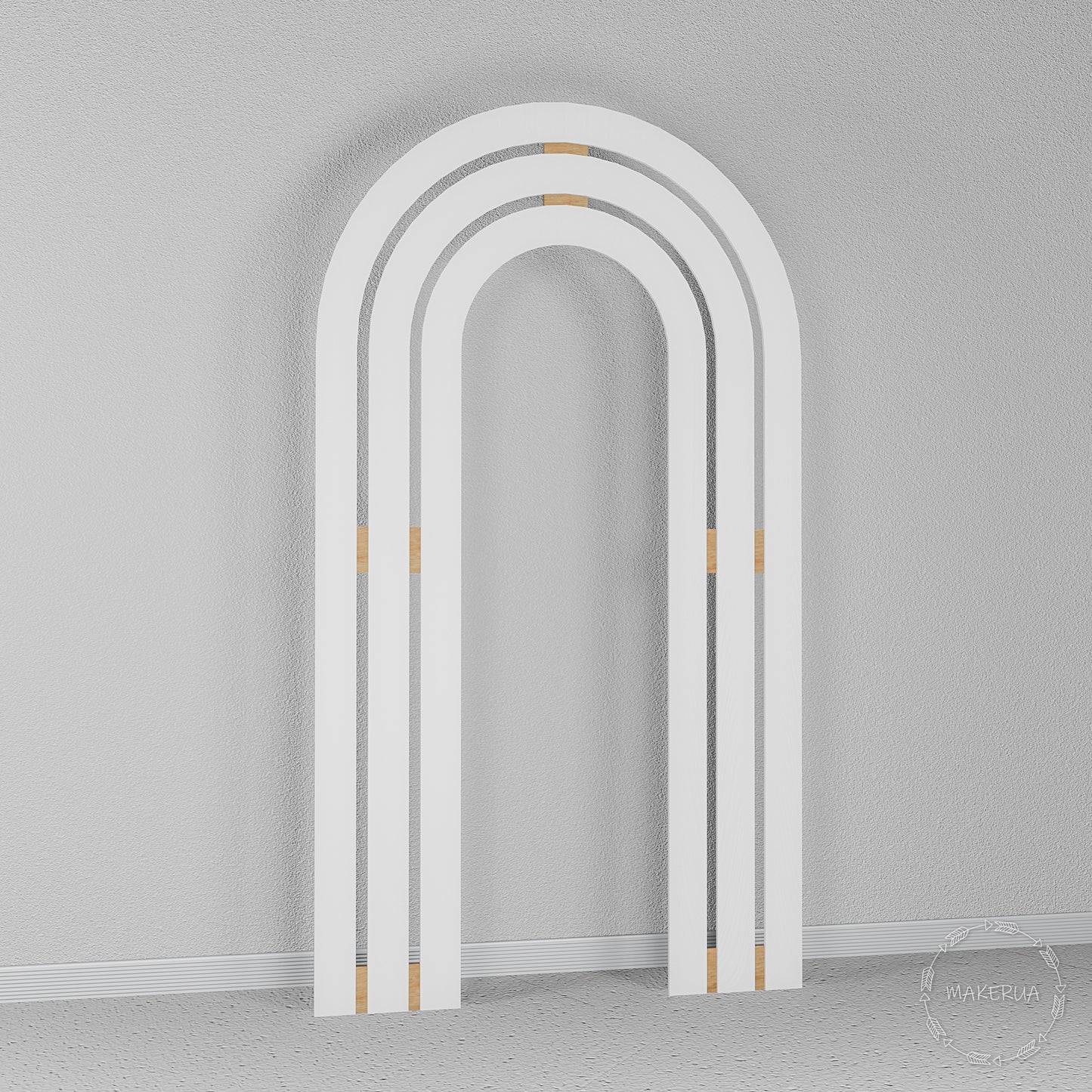 Set of three nested white U-shaped open arches featuring elegant gold joint details. Trendy curved backdrop for boho weddings and stylish event photo booths.
