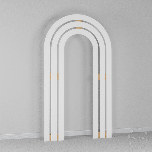 Set of three nested white U-shaped open arches featuring elegant gold joint details. Trendy curved backdrop for boho weddings and stylish event photo booths.