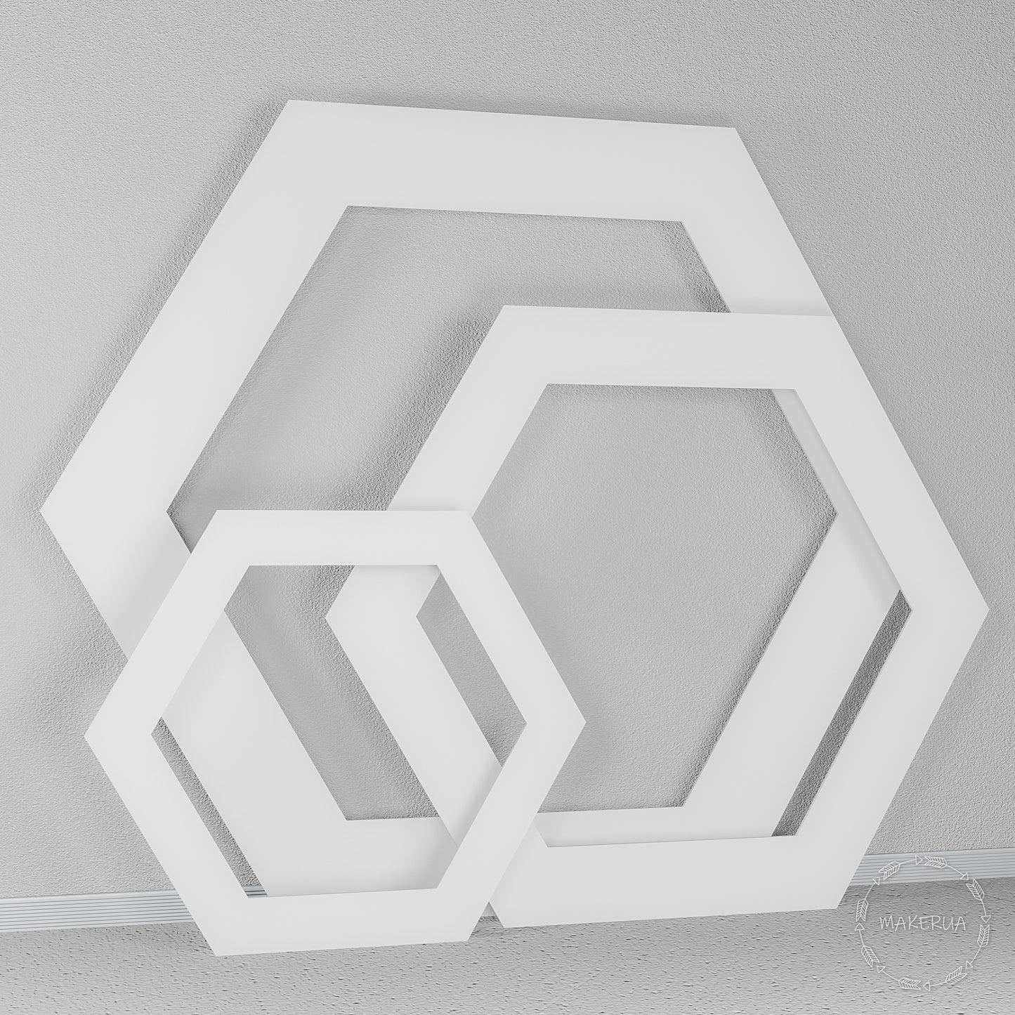Set of three thick white wooden hexagonal open frames. Modern geometric backdrop for trendy weddings, photo booths, and corporate event styling.