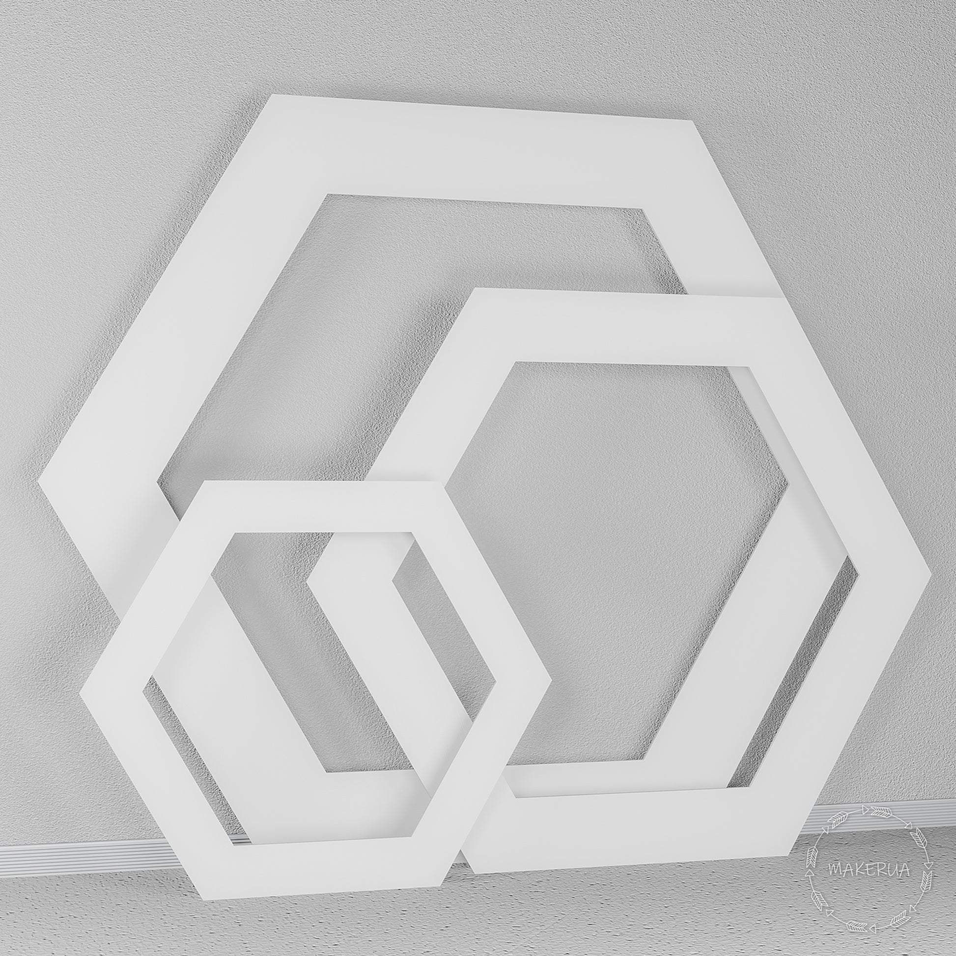 Set of three thick white wooden hexagonal open frames. Modern geometric backdrop for trendy weddings, photo booths, and corporate event styling.