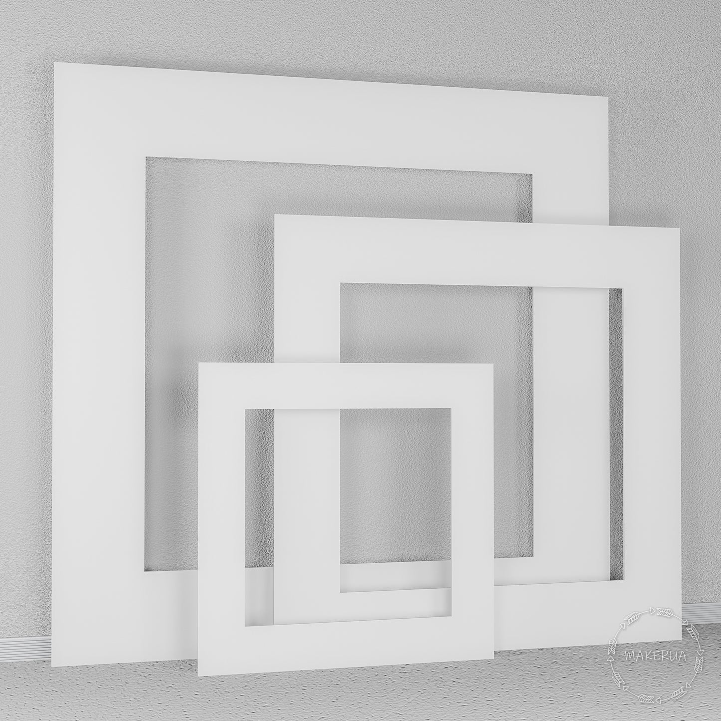 Set of three thick white wooden square open frames. Minimalist geometric backdrop for modern weddings, bridal showers, and party photo zones.