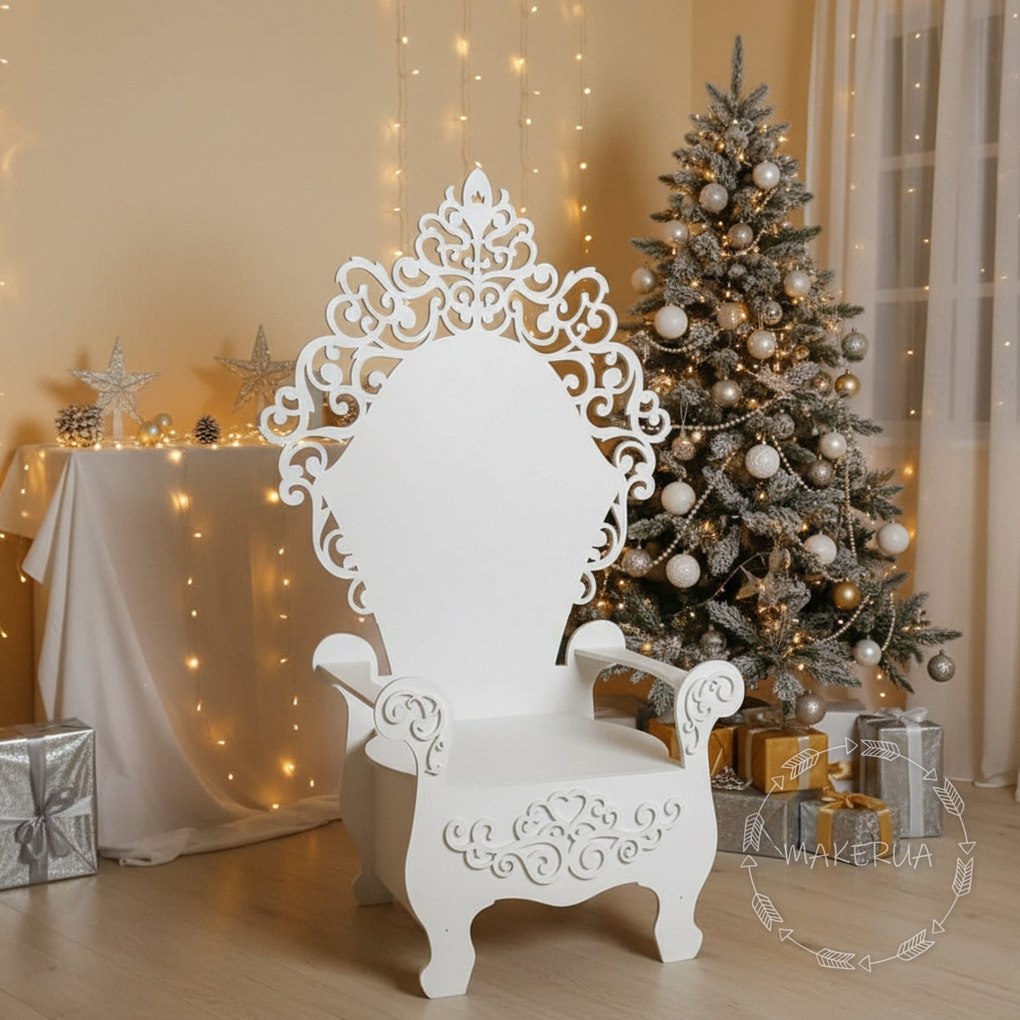 White ornate wooden throne chair with elegant filigree design, decorated for a Christmas party photo zone. Classic royal seating for holiday events and birthday props.