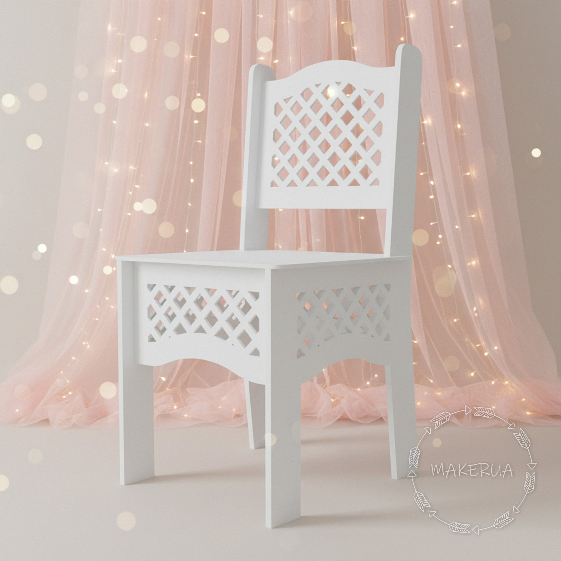 White wooden event chair with a classic lattice pattern backrest and front panel. Displayed against a soft pink sheer curtain with fairy lights. Elegant photo prop for sweet 16, baby showers, and classic parties.