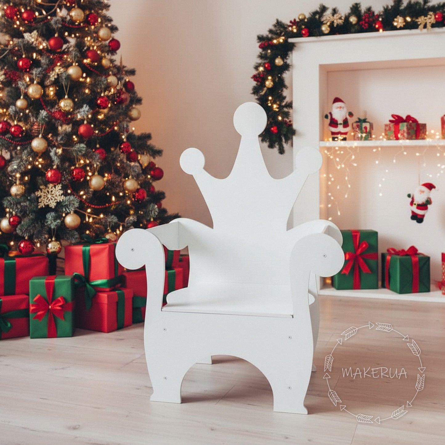 White wooden kids throne chair with a simple crown-shaped backrest. Displayed in a cozy holiday room with a Christmas tree, fireplace, and red gift boxes. Cute versatile photo prop for children's parties and studio shoots.