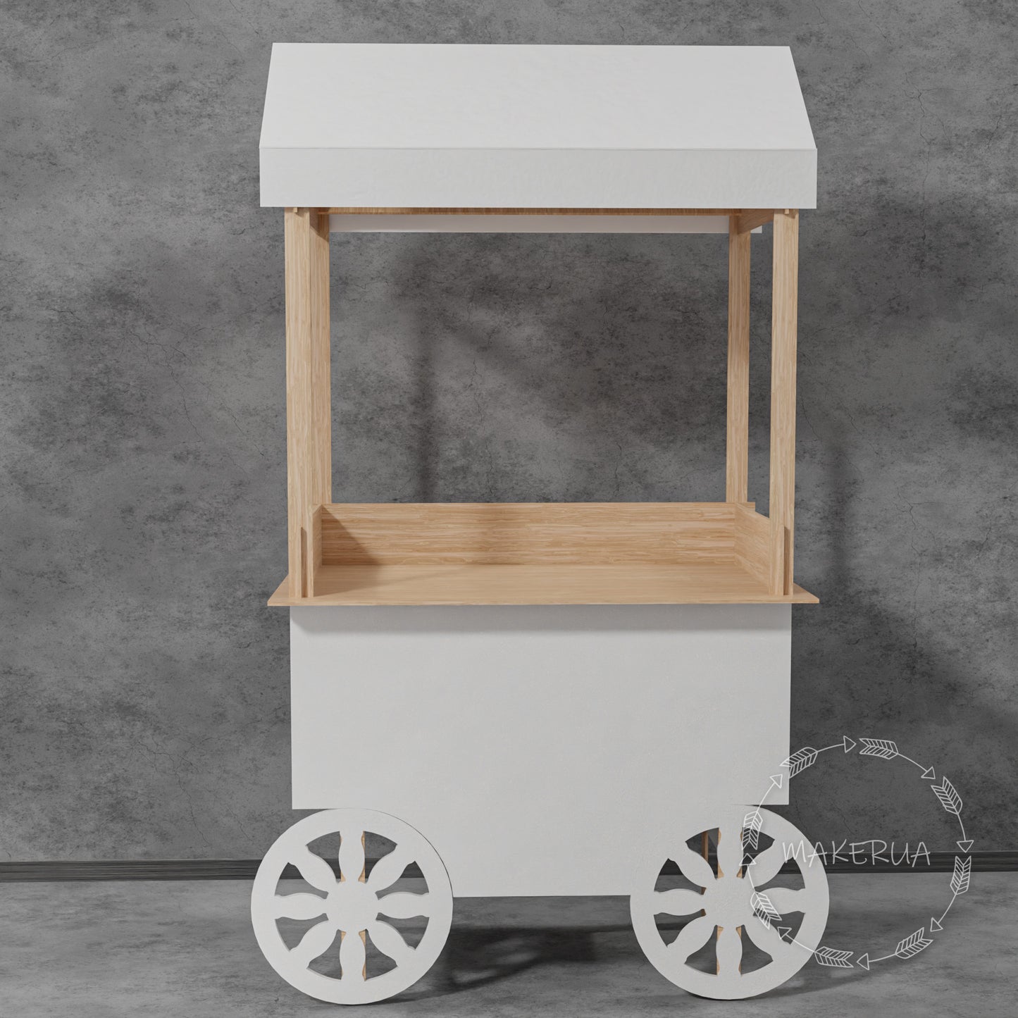 White Wooden Cart stand display wedding birthday product display stand food catering event festival christmas market wheels bar party decor - MakerUA