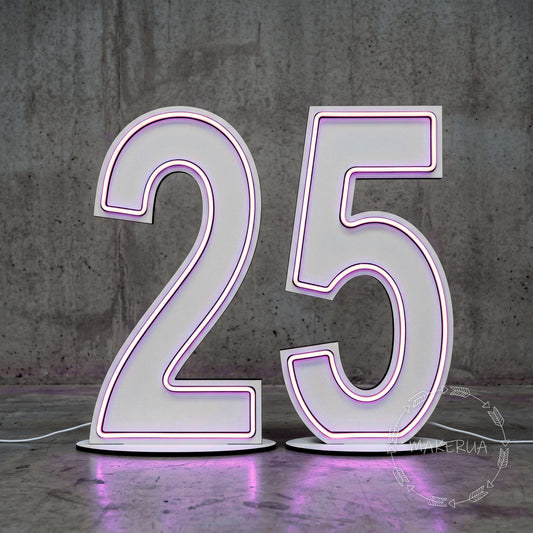 Giant freestanding white wooden numbers 25 with glowing purple RGB LED lighting built into the face, sitting on a concrete floor.