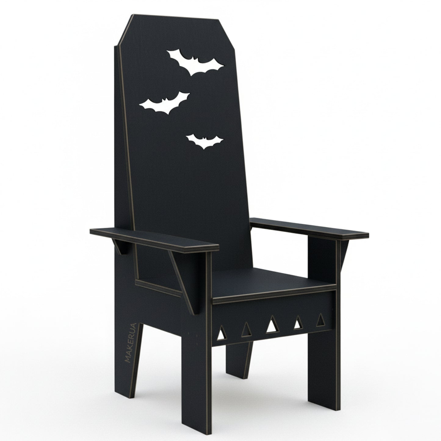 Black children's chair with bat designs on a white background