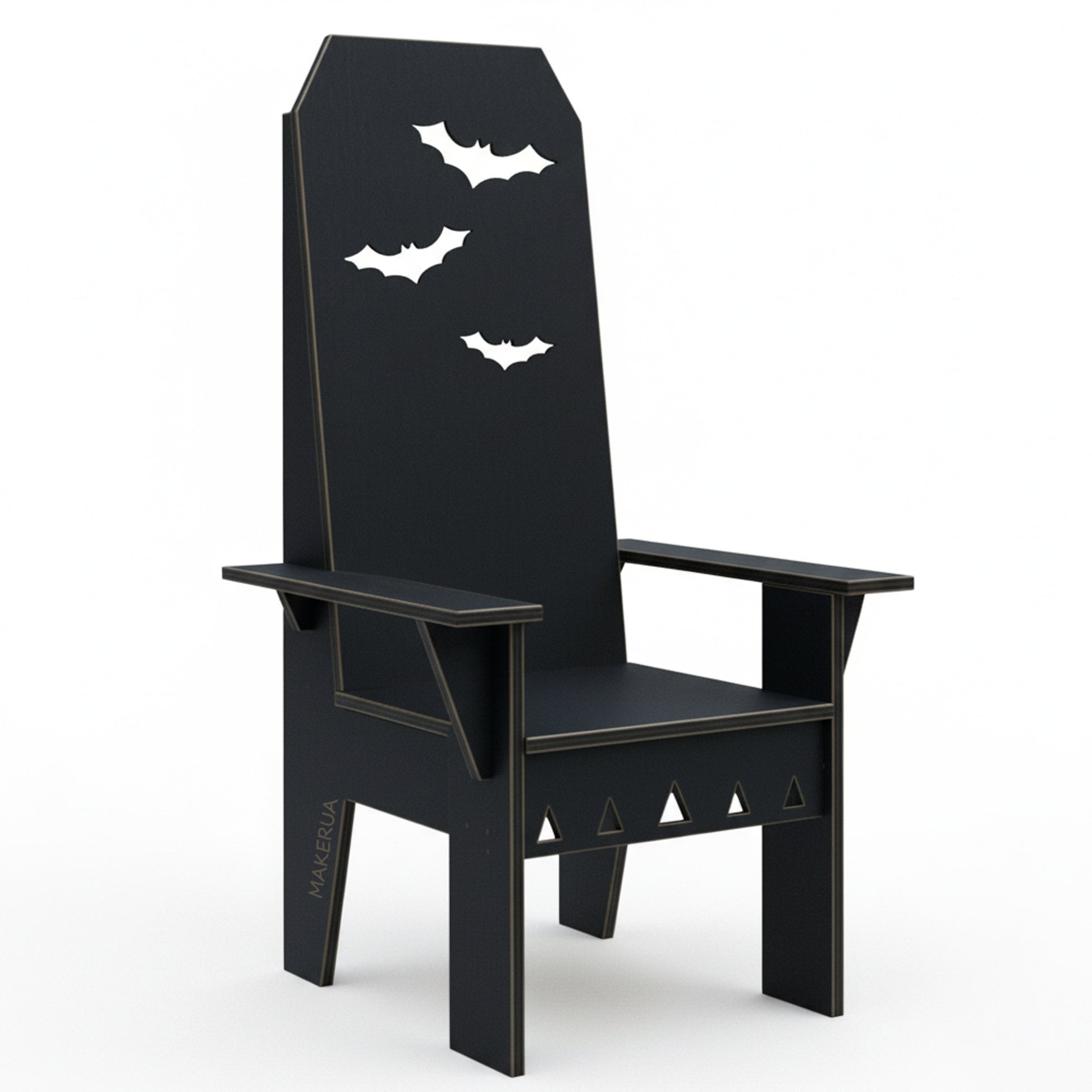 Black children's chair with bat designs on a white background