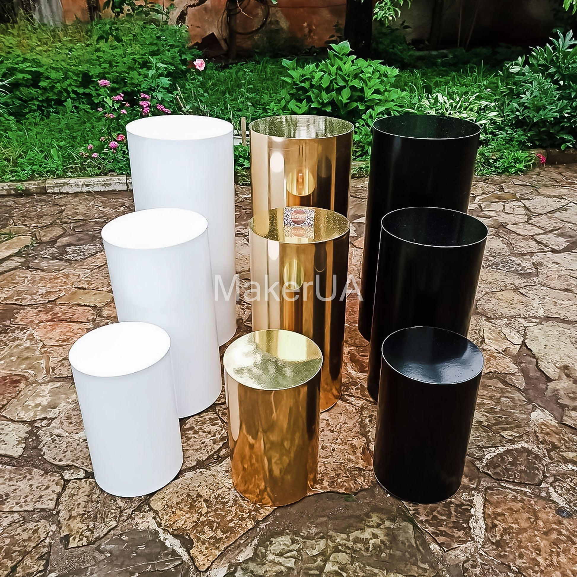 3pcs/set plinth stand column cylinder pedestal display pillar white silver gold black round table cake flower wedding birthday party - MakerUA