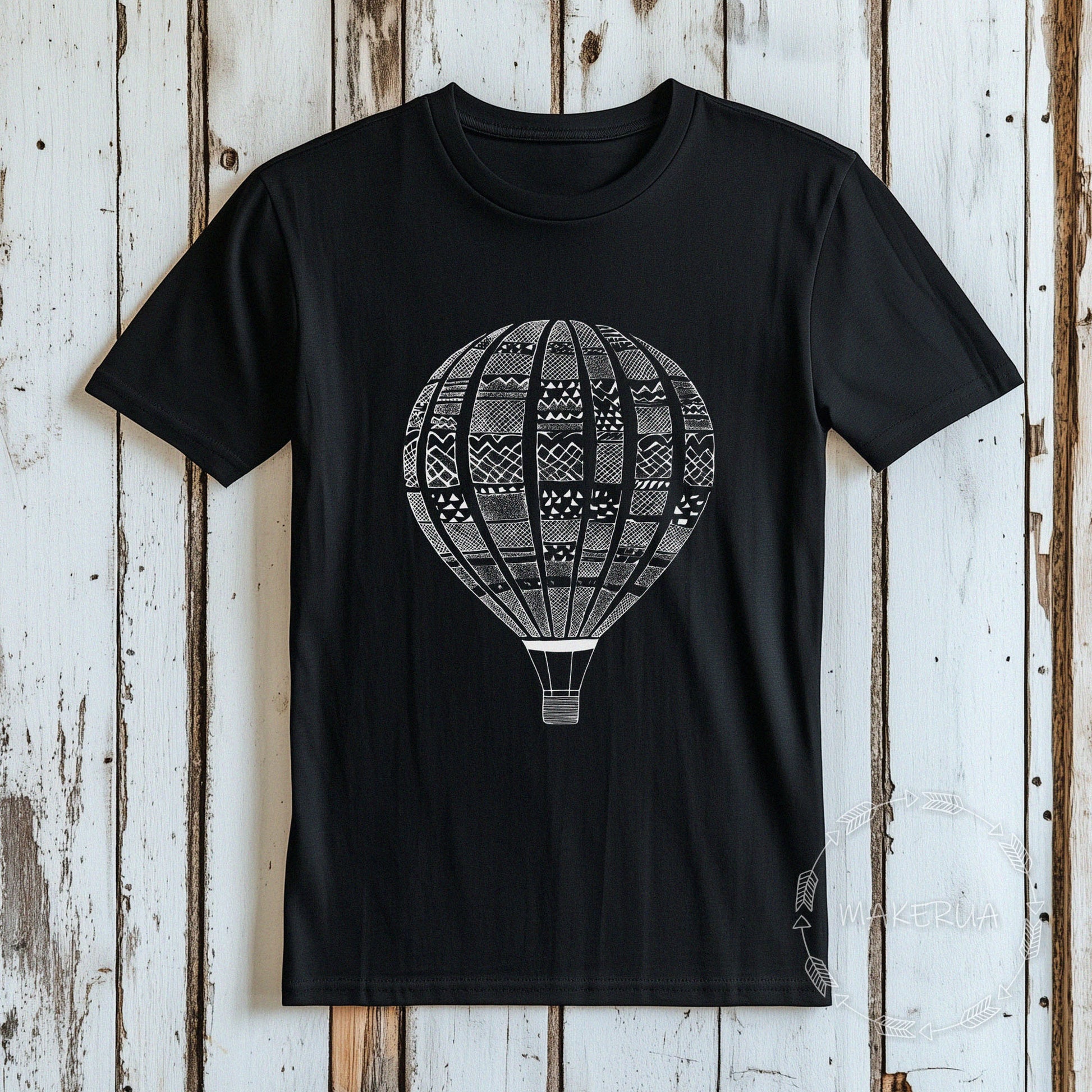 T-shirt print hot air balloon black white cotton tee shirt gift birthday - MakerUA