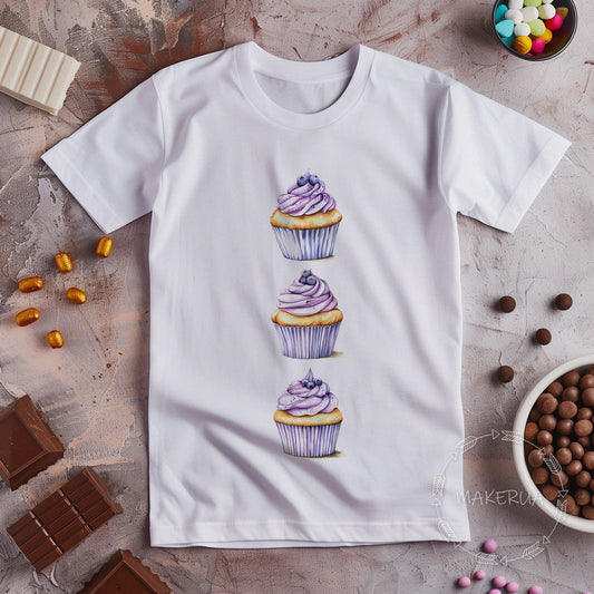 White t-shirt with sweet cake cupcake ice cream chocolate candy bar cotton gift birthday party print - MakerUA
