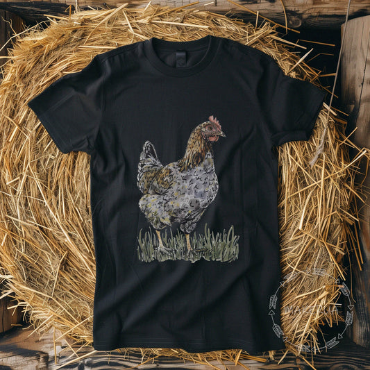 Black t-shirt with chicken hen breed cochin orpington silkie rustic garden farm house print - MakerUA