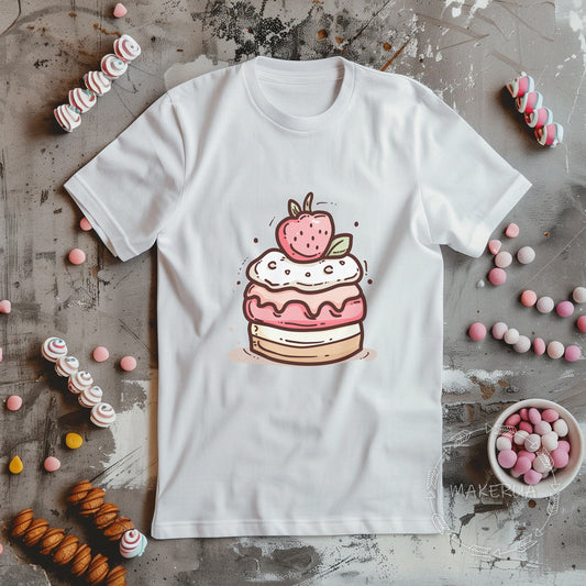 White t-shirt with sweet cake cupcake ice cream chocolate candy bar cotton birthday print - MakerUA
