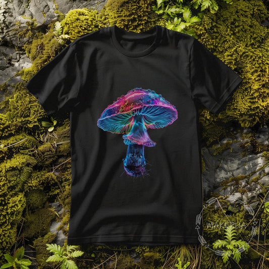 Black t-shirt with mushroom fungi psychedelic hippie nature neon trippy vintage print - MakerUA