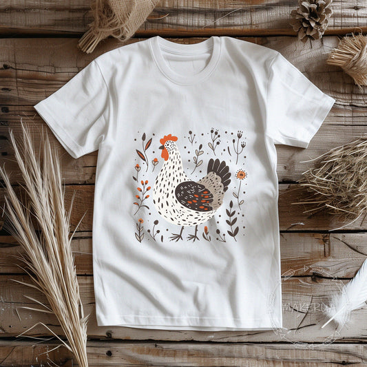 White t-shirt with chicken hen breed cochin orpington silkie floral garden farm house print - MakerUA