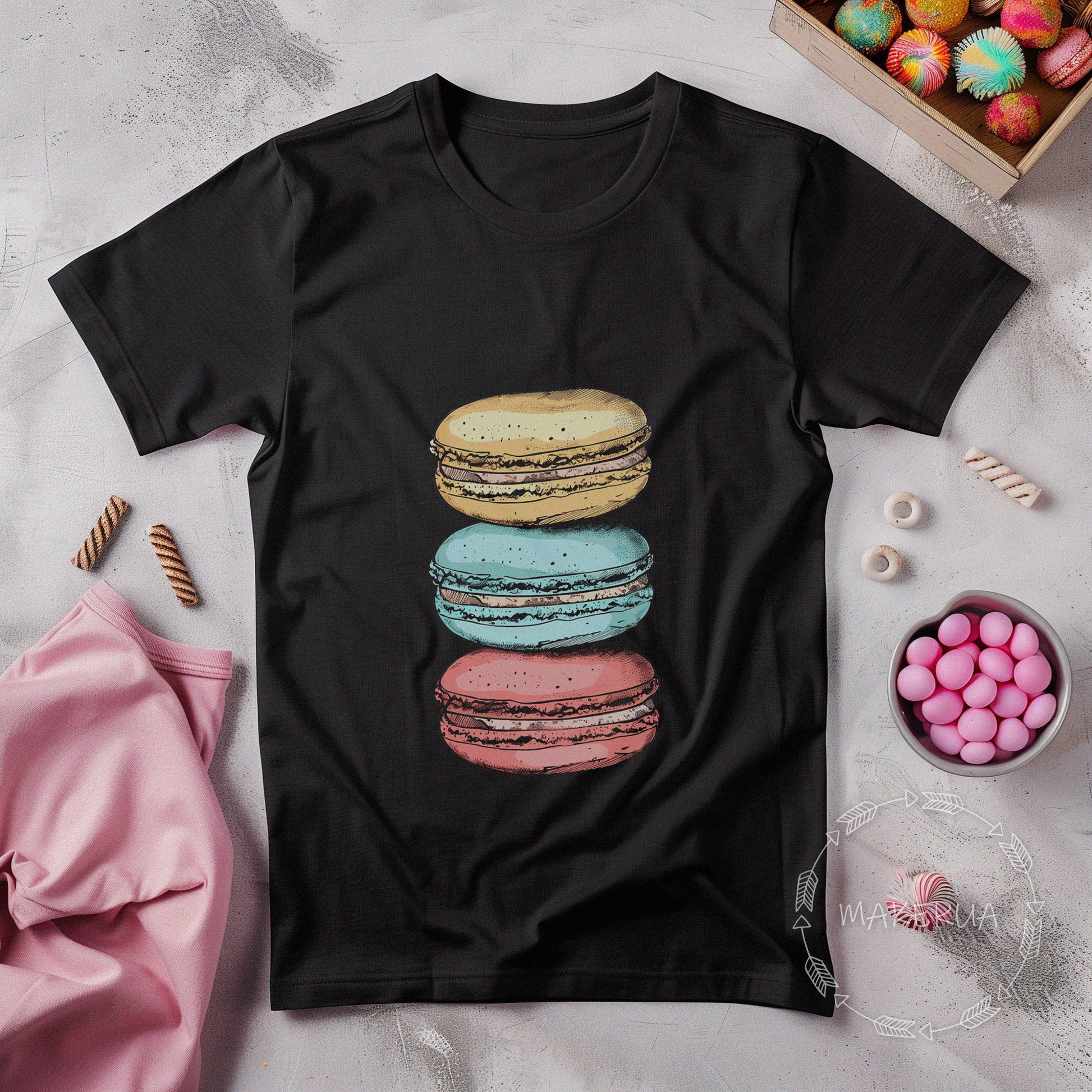 Black t-shirt with sweet cake cupcake ice cream chocolate candy bar cotton birthday print - MakerUA